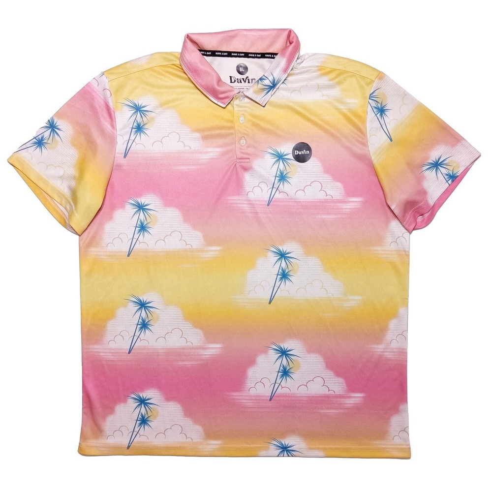 DUVIN Short Sleeve Performance Polo Shirt Pink Yellow Palms XL